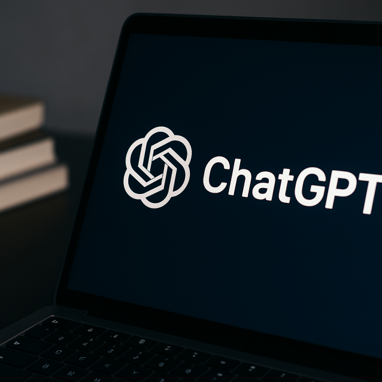 Pantalla de una laptop mostrando el logo de ChatGPT sobre un fondo oscuro, con libros al fondo y estética tecnológica sobria.