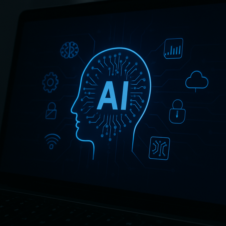 Pantalla mostrando un gráfico de inteligencia artificial en tonos oscuros, con íconos de tecnología y estilo moderno, representando la evolución digital.