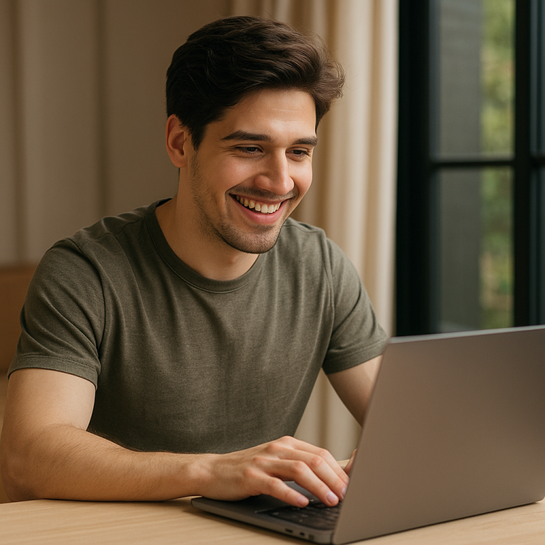 Persona sonriendo frente a laptop mientras usa ChatGPT por primera vez, en un ambiente cálido y natural.